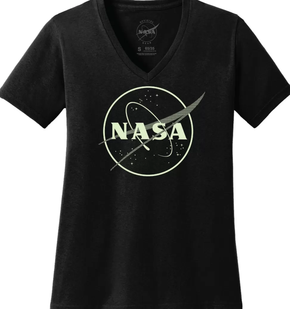 Cheap NASA Gear NASA Meatball Logo - Glow in the Dark Outline - Ladies V-Neck T-Shirt