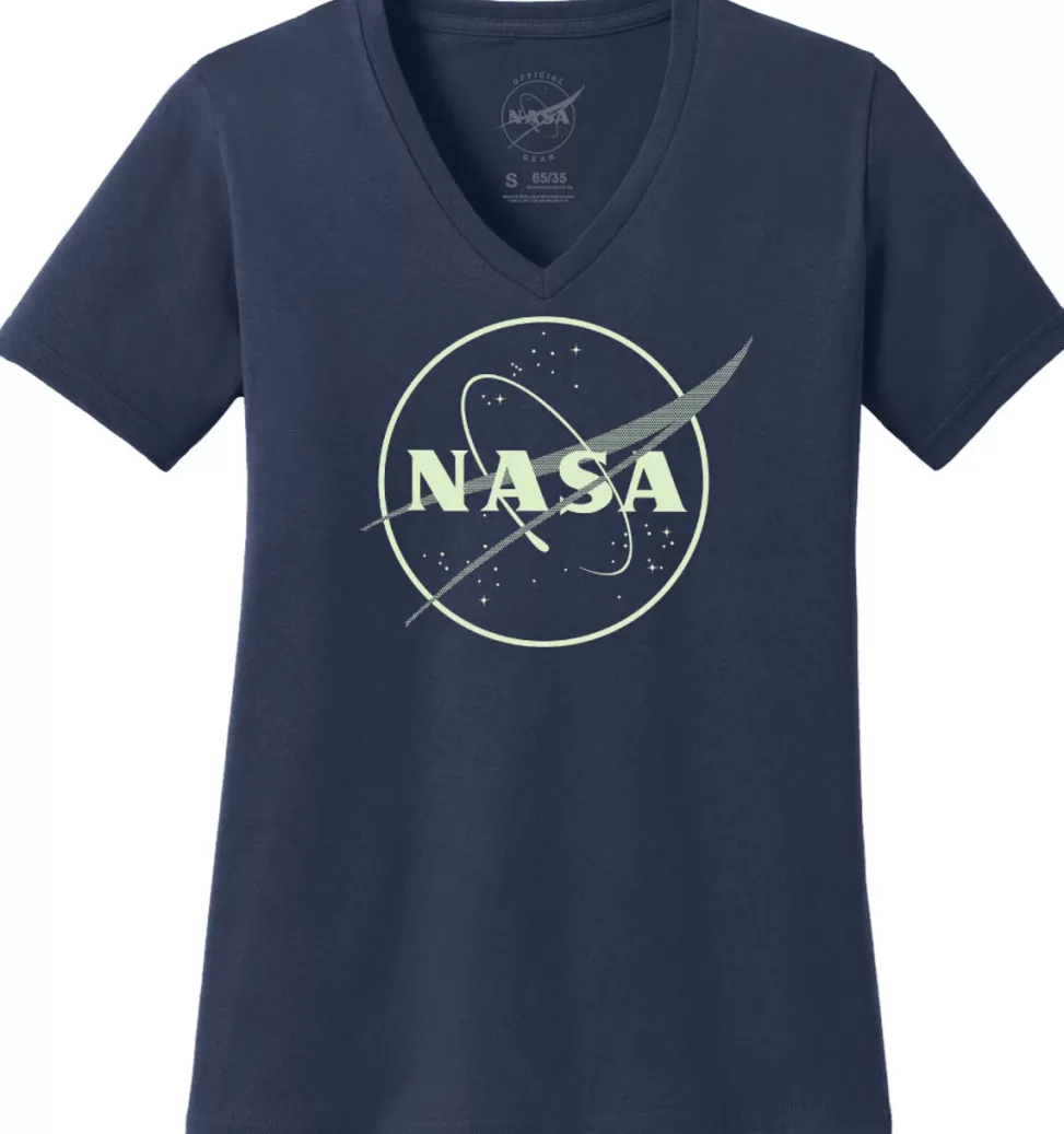Cheap NASA Gear NASA Meatball Logo - Glow in the Dark Outline - Ladies V-Neck T-Shirt