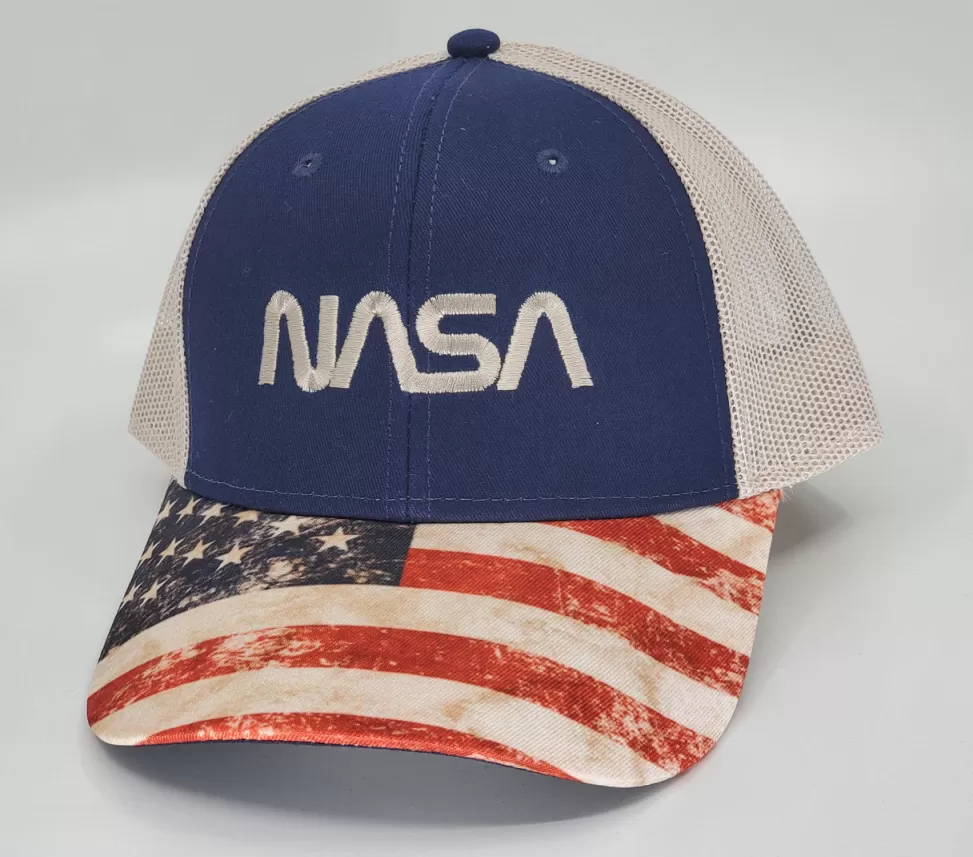 Cheap NASA Gear NASA Worm Logo - Embroidered Mesh Cap with US Flag Visor