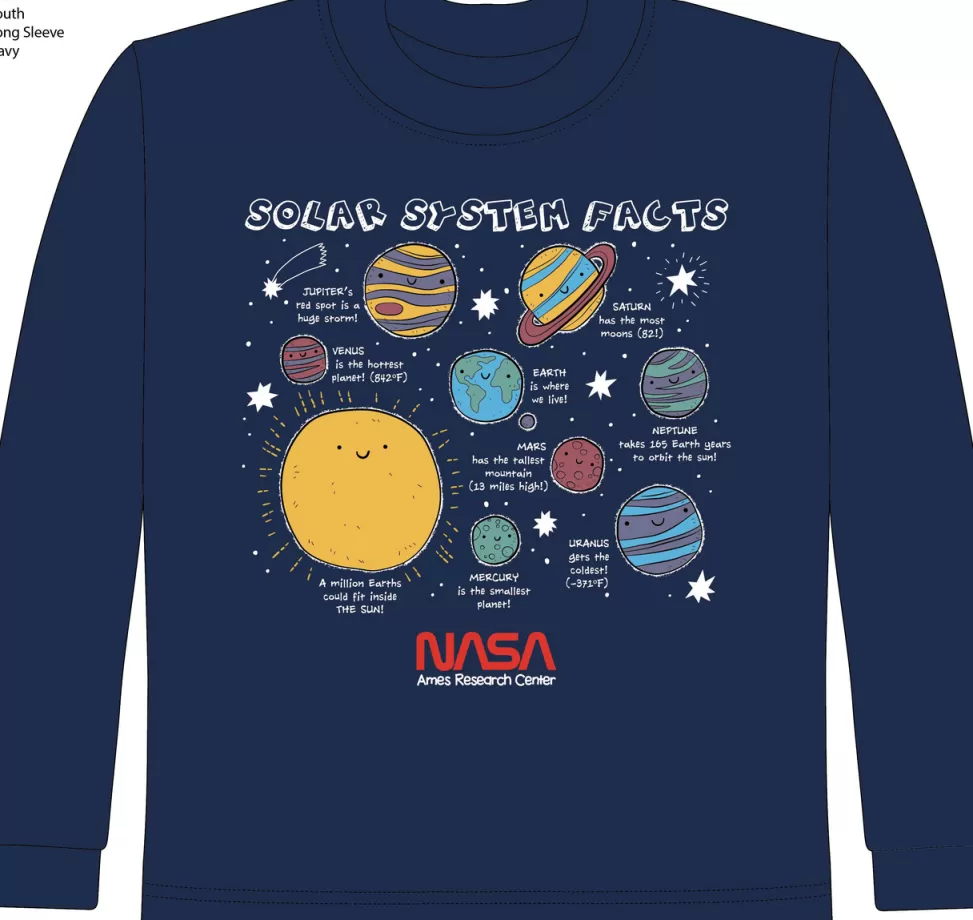Fashion NASA Gear NASA Worm Logo with Ames - Solar System Facts Youth Shirt