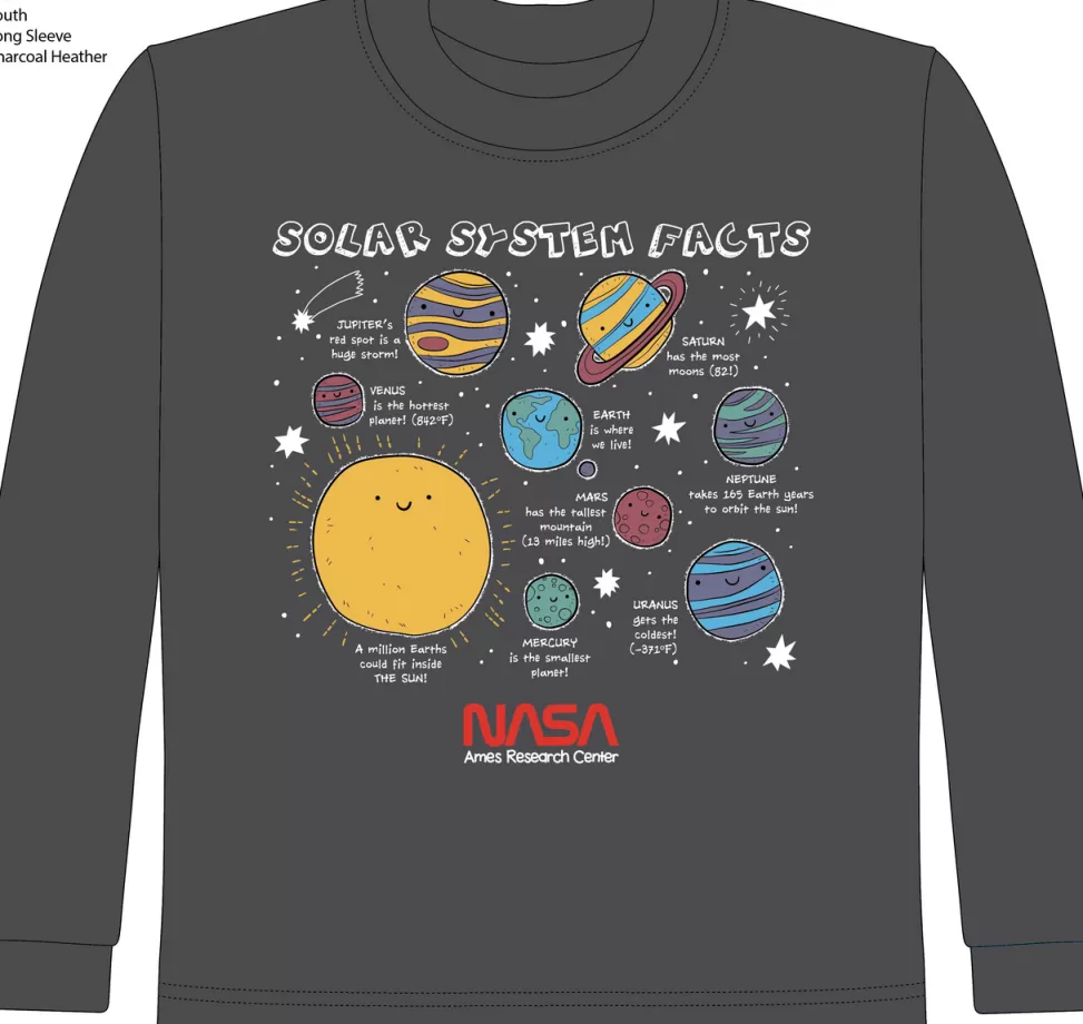 Fashion NASA Gear NASA Worm Logo with Ames - Solar System Facts Youth Shirt